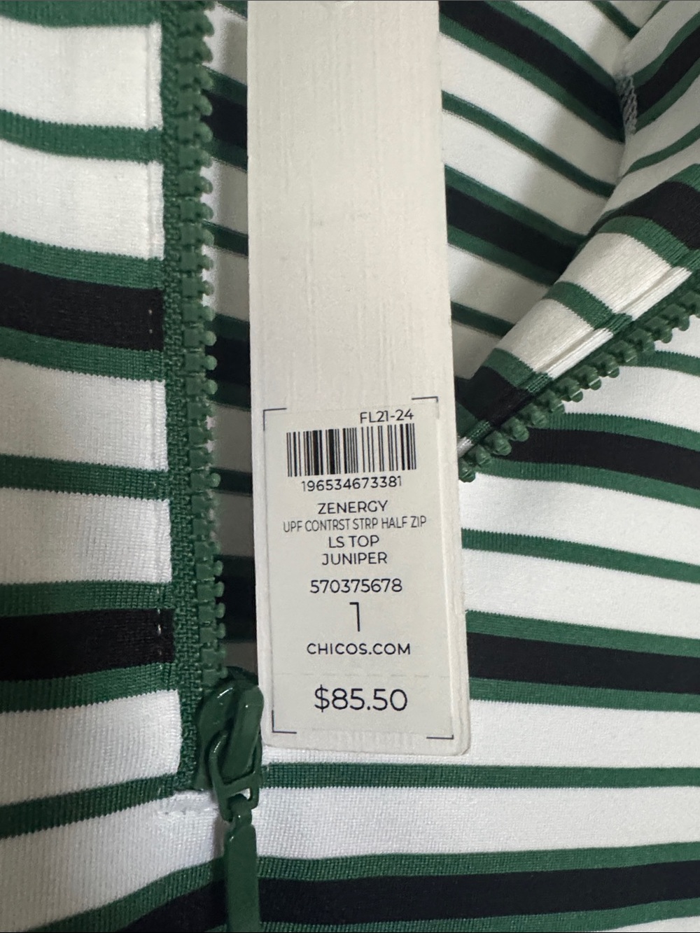 Chico's Striped Half-Zip Long Sleeve Top in Green and White